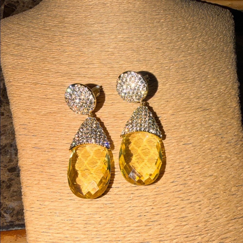 Magnificent large citrine faceted teardrop with pave crystal clip Earrings